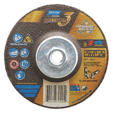 Norton Abrasives Cut-Off & Grinding Wheel, Type 27, 5 in Dia, 0.125 in Thick, 5/8"-11 Arbor Hole Size, Ceramic 66252839425