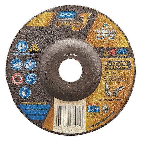 Norton Abrasives Cut-Off & Grinding Wheel, Type 27, 5 in Dia, 0.125 in Thick, 7/8 in Arbor Hole Size, Ceramic 66252839426