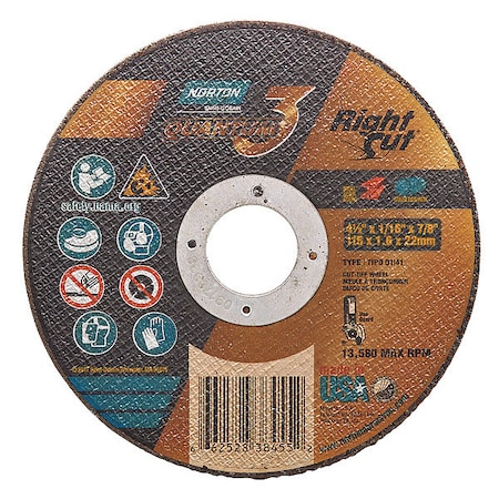 Norton Abrasives Abrasive Cut-Off Wheel, Type 1, 4 1/2 in Dia, 0.0625 in Thick, 7/8 in Arbor Hole Size, Ceramic 66252838455