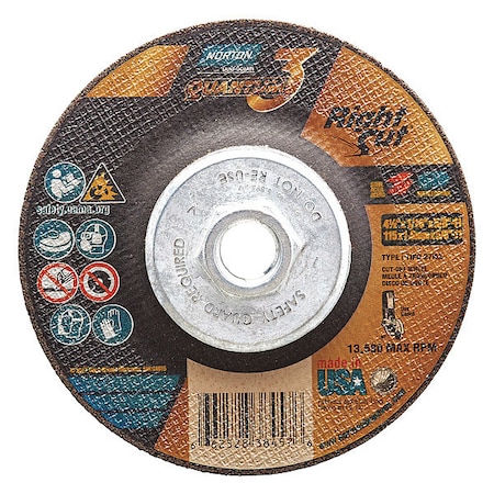 Norton Abrasives Depressed Center Cut-Off Wheel, Type 27, 4 1/2 in Dia, 0.0625 in Thick, 5/8"-11 Arbor Hole Size 66252838457