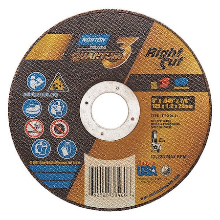 Norton Abrasives Abrasive Cut-Off Wheel, Type 1, 5 in Dia, 0.045 in Thick, 7/8 in Arbor Hole Size, Ceramic, 36 Grit 66252838460