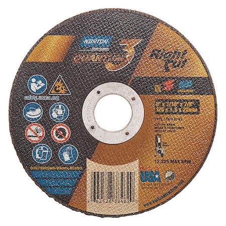 Norton Abrasives Abrasive Cut-Off Wheel, Type 1, 5 in Dia, 0.0625 in Thick, 7/8 in Arbor Hole Size, Ceramic, 36 Grit 66252838462