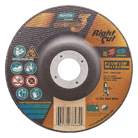 Norton Abrasives Depressed Center Cut-Off Wheel, Type 27, 5 in Dia, 0.0625 in Thick, 7/8 in Arbor Hole Size, Ceramic 66252838464