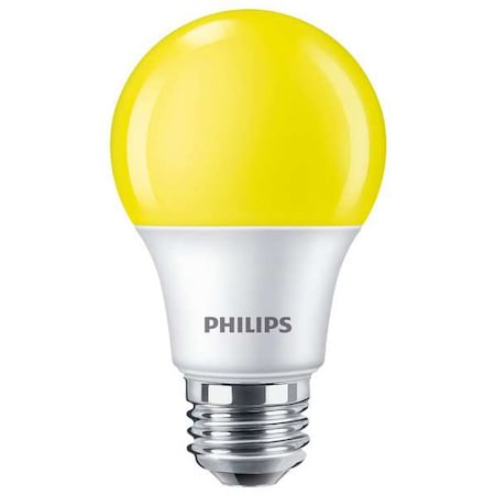 Philips LED Bulb, A19, 3000K, 60 lm, 8W, Voltage: 120V AC 8A19/LED/YELLOW/P/ND 120V 4/1FB