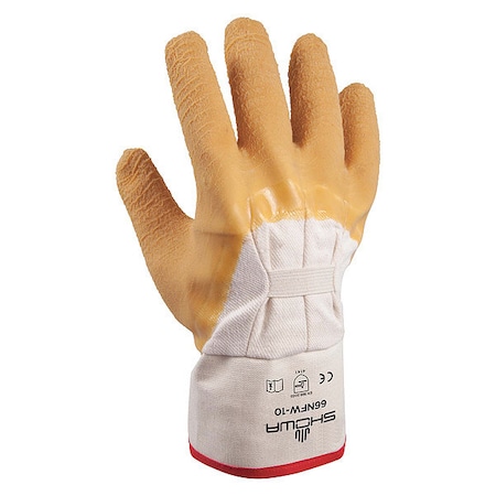 Showa Coated Gloves, Natural Rubber Latex, Crinkled, 3/4 Dip, 0 Abrasion Level, White/Yellow, L (10) 1 PR 66NFW-10-V