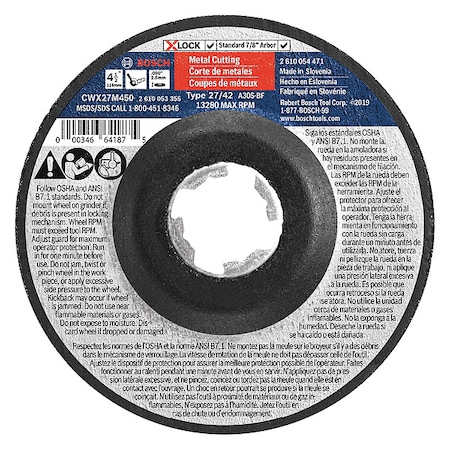 Bosch Depressed Center Cut-Off Wheel, Type 27, 4 1/2 in Dia, 0.098 in Thick, 7/8 in Arbor Hole Size CWX27M450