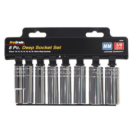 Pro-Grade Tools Socket, 8Pc.3/8"Dr., Metric Deep, Set 19304