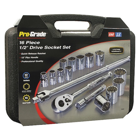 Pro-Grade Tools Socket, 16 pcs., 1/2"Dr., Sae Set 19404