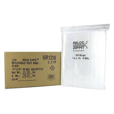 Reloc Zippit Bag, Poly, Reclosable, 6 mil, 13"x 18", PK250 6R1318