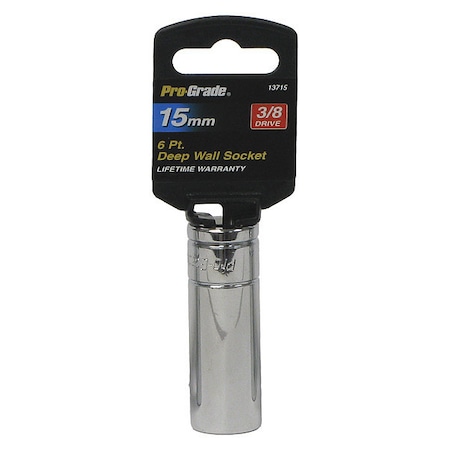 Pro-Grade Tools Socket, 3/8"Dr., 6Pt. Deep, 15mm 13715