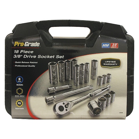 Pro-Grade Tools Socket, 18 pcs., 3/8"Dr., Metric Set 19308