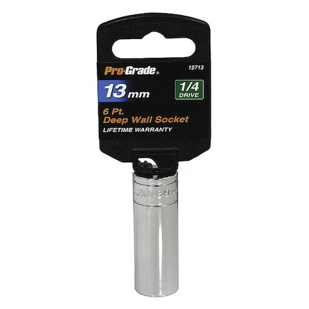 Pro-Grade Tools Socket, 1/4"Dr., 6Pt. Deep, 13mm 12713