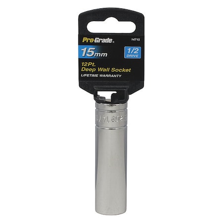 Pro-Grade Tools Socket, 1/2"Dr., 12Pt. Deep, 15mm 14715