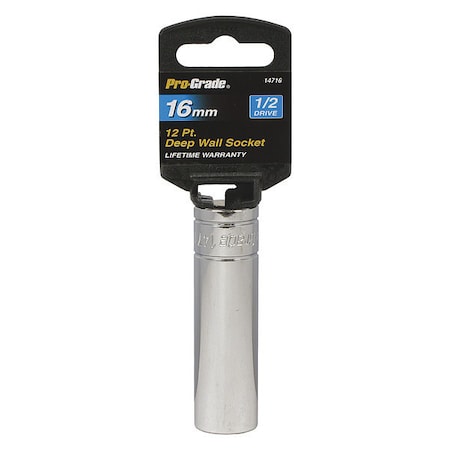 Pro-Grade Tools Socket, 1/2"Dr., 12Pt. Deep, 16mm 14716