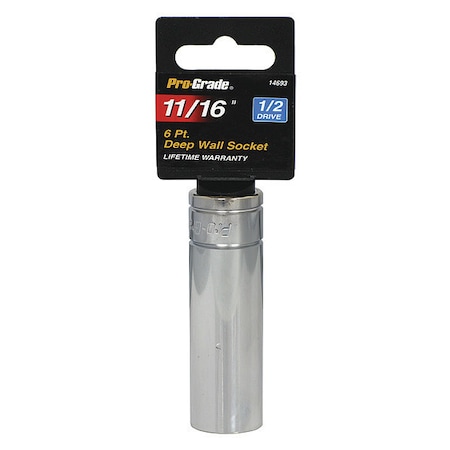 Pro-Grade Tools Socket, 1/2"Dr., 6Pt., Deep, 11/16" 14693