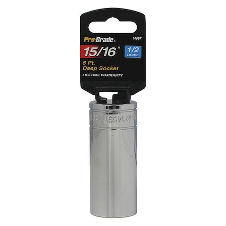 Pro-Grade Tools Socket, 1/2"Dr., 6Pt., Deep, 15/16" 14697