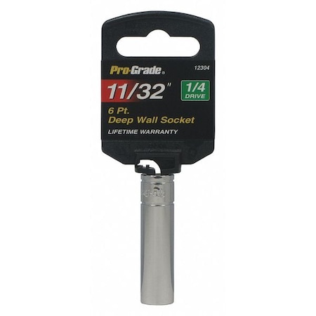 Pro-Grade Tools Socket, 1/4"Dr., 6Pt., Deep, 11/32" 12304
