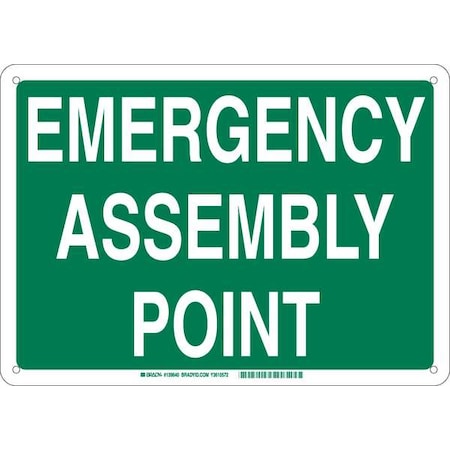 Brady Emergency Assembly Sign, 10 in Height, 14 in Width, Aluminum, Rectangle, English 139646