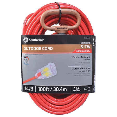Southwire SJTW Extension Cord, 14 AWG, Outdoor, 14/3, 1 Outlets, 5-15R, Red, PVC, 5-15P, 100 ft 2489SW8804