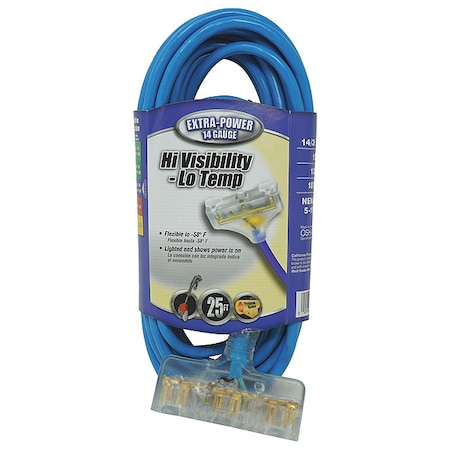 Southwire SJTW Extension Cord, 14 AWG, Outdoor, 14/3, 3 Outlets, 5-15R, Blue, PVC, 5-15P, 25 ft 32678806