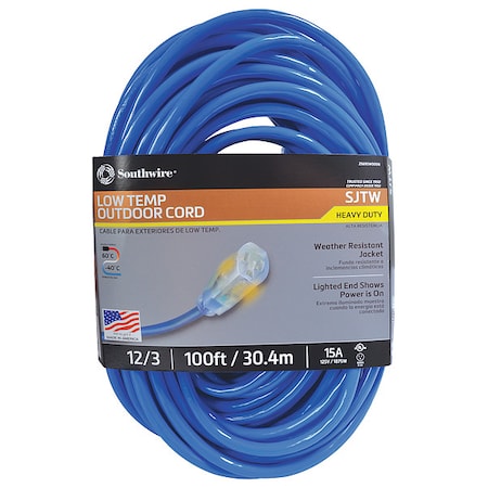 Southwire SJTW Extension Cord, 12 AWG, Outdoor, 12/3, 1 Outlets, 5-15R, Blue, PVC, 5-15P, 100 ft 2569SW0006