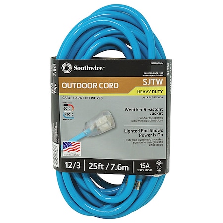 Southwire SJTW Extension Cord, 12 AWG, Outdoor, 12/3, 1 Outlets, 5-15R, Blue, PVC, 5-15P, 25 ft 2577SW000H