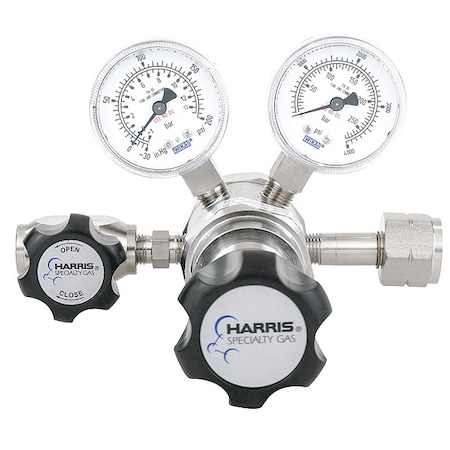 Harris High Purity Gas Regulator, Hydrogen, Methane, Two Stage, 0.825"-14 Inlet, 1/4 in Outlet 742125350A