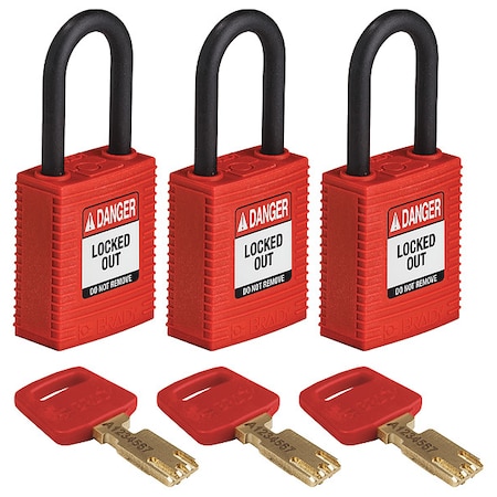 Brady Lockout Padlock, Keyed Alike, Nylon, Red, 1 1/2 in Shackle Height, 1 1/2 in Body Width, 3 PK NYL-RED-38PL-KA3PK