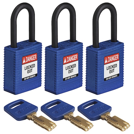 Brady Lockout Padlock, Keyed Alike, Nylon, Blue, 1 1/2 in Shackle Height, 1 1/2 in Body Width, 3 PK NYL-BLU-38PL-KA3PK