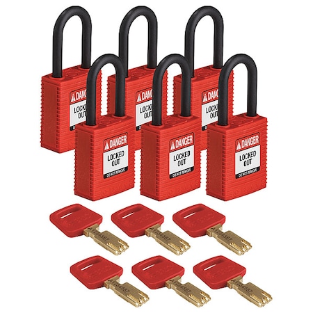 Brady Lockout Padlock, Keyed Different, Nylon, Red, 1 1/2 in Shackle Height, 1 1/2 in Body Width, 6 PK NYL-RED-38PL-KD6PK