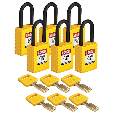 Brady Lockout Padlock, Keyed Alike, Nylon, Yellow, 1 1/2 in Shackle Height, 1 1/2 in Body Width, 6 PK NYL-YLW-38PL-KA6PK