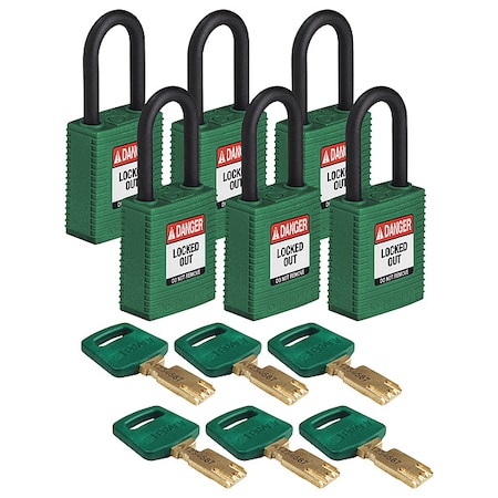 Brady Lockout Padlock, Keyed Different, Nylon, Green, 1 1/2 in Shackle Height, 1 1/2 in Body Width, 6 PK NYL-GRN-38PL-KD6PK