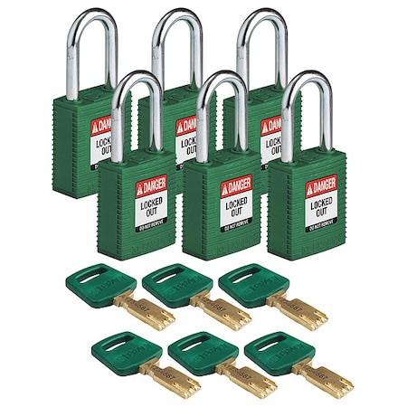 Brady Lockout Padlock, Keyed Alike, Nylon, Green, 1 1/2 in Shackle Height, 1 1/2 in Body Width, 6 PK NYL-GRN-38ST-KA6PK