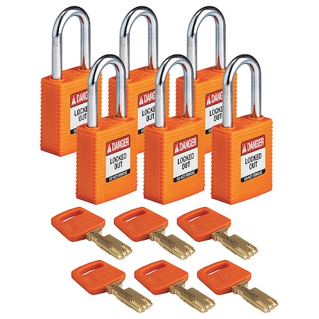 Brady Lockout Padlock, Keyed Different, Nylon, Orange, 1 1/2 in Shackle Height, 1 1/2 in Body Width, 6 PK NYL-ORG-38ST-KD6PK