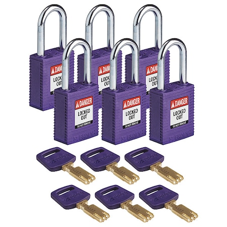 Brady Lockout Padlock, Keyed Alike, Nylon, Purple, 1 1/2 in Shackle Height, 1 1/2 in Body Width, 6 PK NYL-PRP-38ST-KA6PK