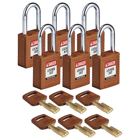 Brady Lockout Padlock, Keyed Alike, Nylon, Brown, 1 1/2 in Shackle Height, 1 1/2 in Body Width, 6 PK NYL-BRN-38ST-KA6PK