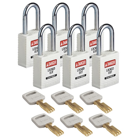 Brady Lockout Padlock, Keyed Alike, Nylon, White, 1 1/2 in Shackle Height, 1 1/2 in Body Width, 6 PK NYL-WHT-38ST-KA6PK