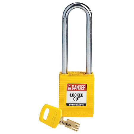 Brady Lockout Padlock, Keyed Different, Nylon, Yellow, 3 in Shackle Height, 1 1/2 in Body Width NYL-YLW-76ST-KD