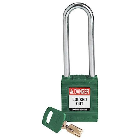 Brady Lockout Padlock, Keyed Different, Nylon, Green, 3 in Shackle Height, 1 1/2 in Body Width NYL-GRN-76ST-KD