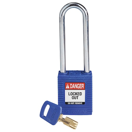 Brady Lockout Padlock, Keyed Different, Nylon, Blue, 3 in Shackle Height, 1 1/2 in Body Width NYL-BLU-76ST-KD
