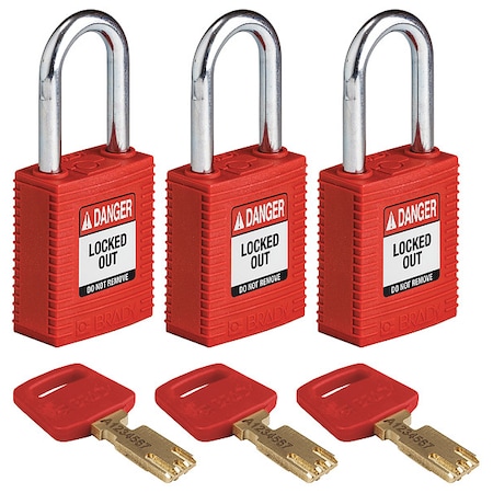 Brady Lockout Padlock, Keyed Alike, Nylon, Red, 1 1/2 in Shackle Height, 1 1/2 in Body Width, 3 PK NYL-RED-38ST-KA3PK