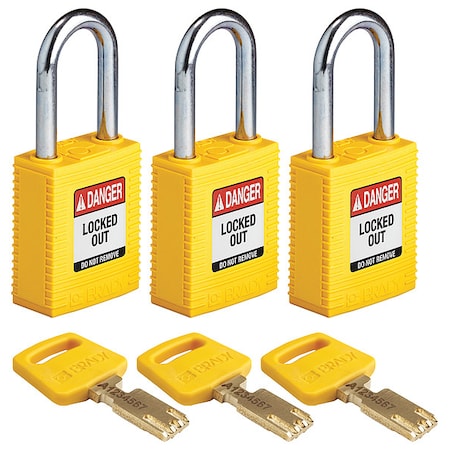 Brady Lockout Padlock, Keyed Alike, Nylon, Yellow, 1 1/2 in Shackle Height, 1 1/2 in Body Width, 3 PK NYL-YLW-38ST-KA3PK
