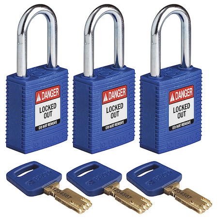 Brady Lockout Padlock, Keyed Alike, Nylon, Blue, 1 1/2 in Shackle Height, 1 1/2 in Body Width, 3 PK NYL-BLU-38ST-KA3PK