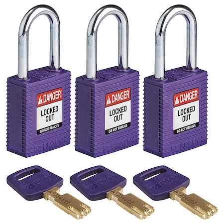Brady Lockout Padlock, Keyed Alike, Nylon, Purple, 1 1/2 in Shackle Height, 1 1/2 in Body Width, 3 PK NYL-PRP-38ST-KA3PK