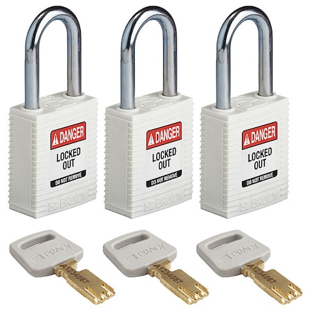 Brady Lockout Padlock, Keyed Alike, Nylon, White, 1 1/2 in Shackle Height, 1 1/2 in Body Width, 3 PK NYL-WHT-38ST-KA3PK