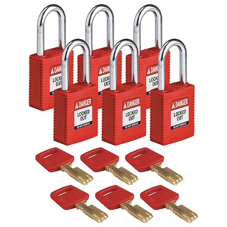 Brady Lockout Padlock, Keyed Different, Nylon, Red, 1 1/2 in Shackle Height, 1 1/2 in Body Width, 6 PK NYL-RED-38ST-KD6PK