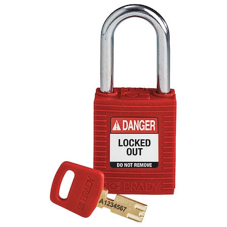 Brady Lockout Padlock, Keyed Different, Nylon, Red, 1 1/2 in Shackle Height, 1 1/2 in Body Width NYL-RED-38ST-KD