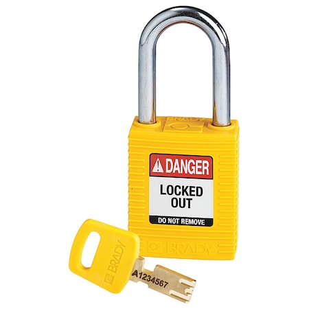 Brady Lockout Padlock, Keyed Different, Nylon, Yellow, 1 1/2 in Shackle Height, 1 1/2 in Body Width NYL-YLW-38ST-KD