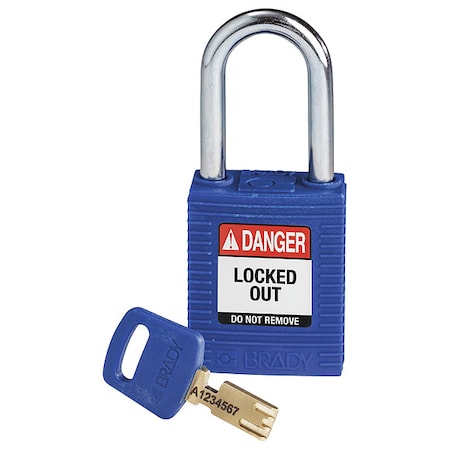 Brady Lockout Padlock, Keyed Different, Nylon, Blue, 1 1/2 in Shackle Height, 1 1/2 in Body Width NYL-BLU-38ST-KD