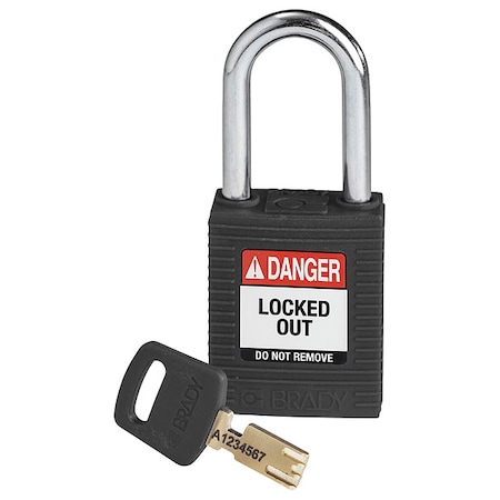 Brady Lockout Padlock, Keyed Different, Nylon, Black, 1 1/2 in Shackle Height, 1 1/2 in Body Width NYL-BLK-38ST-KD